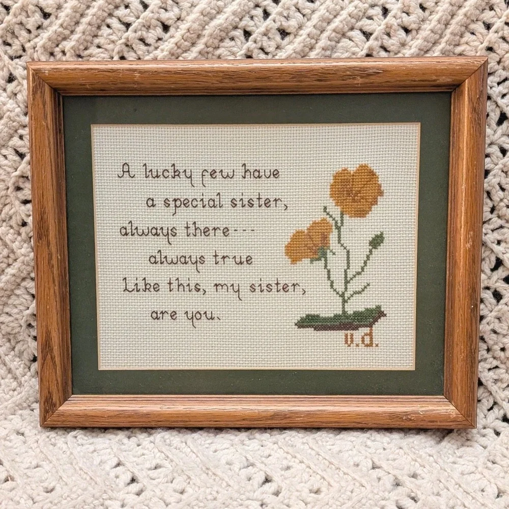 Vintage Handmade Sister Cross Stitch Framed Wall Art Yellow Floral Wood Frame